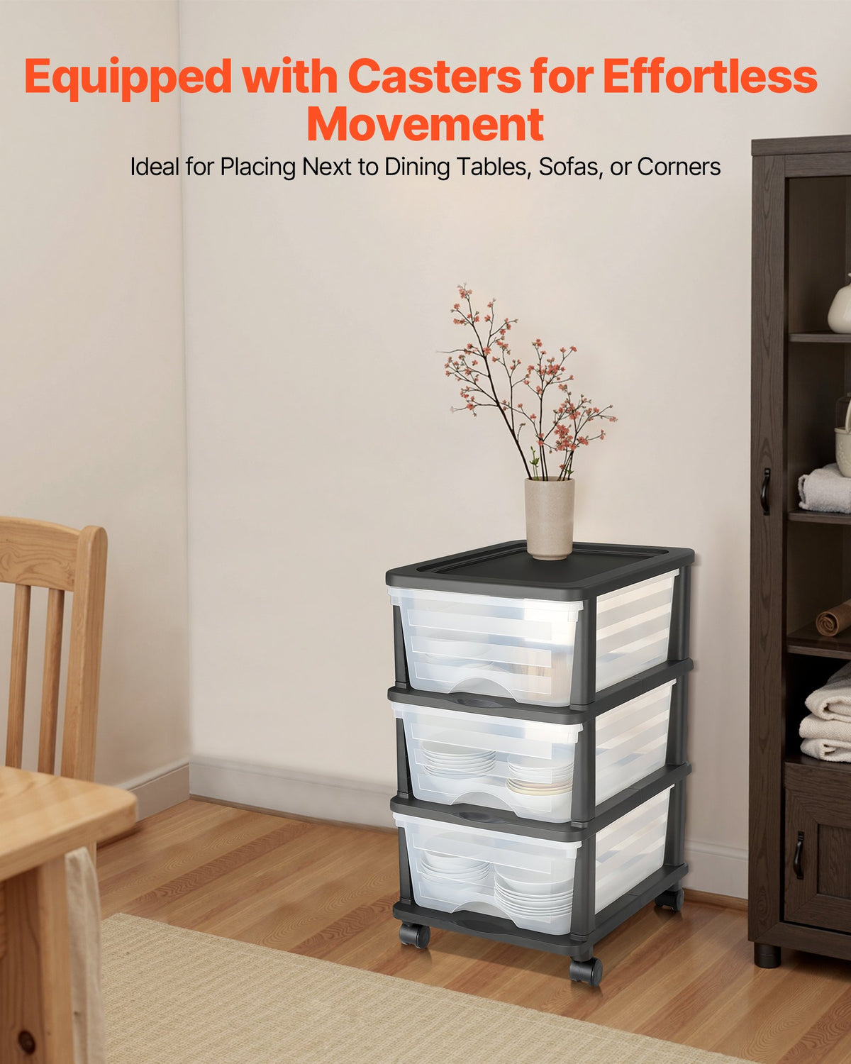 VEVOR Plastic Storage Drawers Cart, 3 Drawers Storage Organizer with Wheels, Rolling Closet Organization and Storage Dividers, Dresser Organizer Clear Bins for Office Supplies, Craft Rooms, Classrooms - CWCT1SLJL3G1N0AIG001V0 - view 5