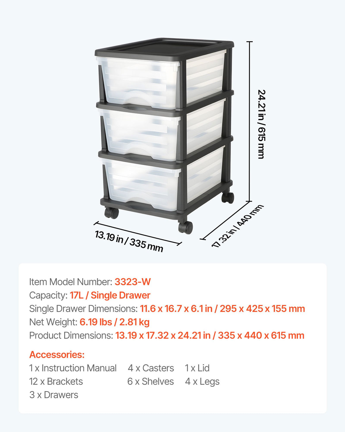 VEVOR Plastic Storage Drawers Cart, 3 Drawers Storage Organizer with Wheels, Rolling Closet Organization and Storage Dividers, Dresser Organizer Clear Bins for Office Supplies, Craft Rooms, Classrooms - CWCT1SLJL3G1N0AIG001V0 - view 8