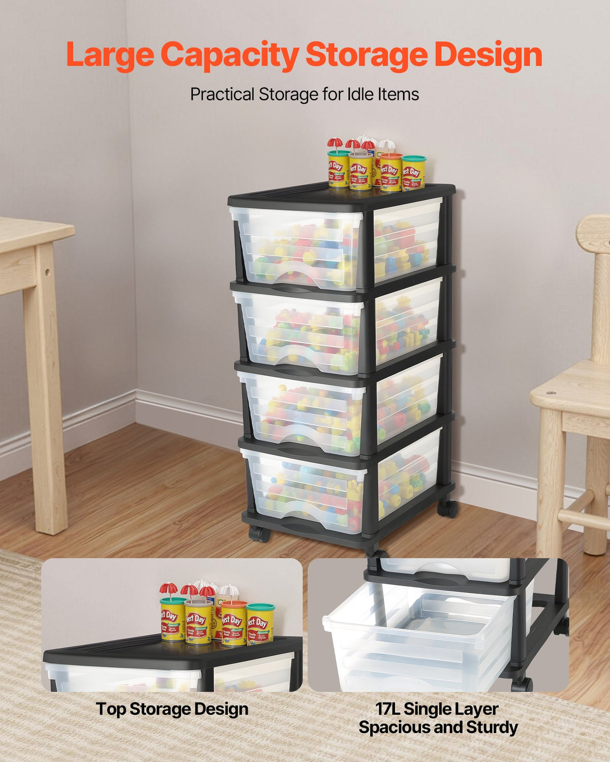 VEVOR Plastic Storage Drawers Cart, 4 Drawers Storage Organizer with Wheels, Rolling Closet Organization and Storage Dividers, Dresser Organizer Clear Bins for Office Supplies, Craft Rooms, Classrooms - CWCT1SLJL4G13PBKB001V0 - view 3