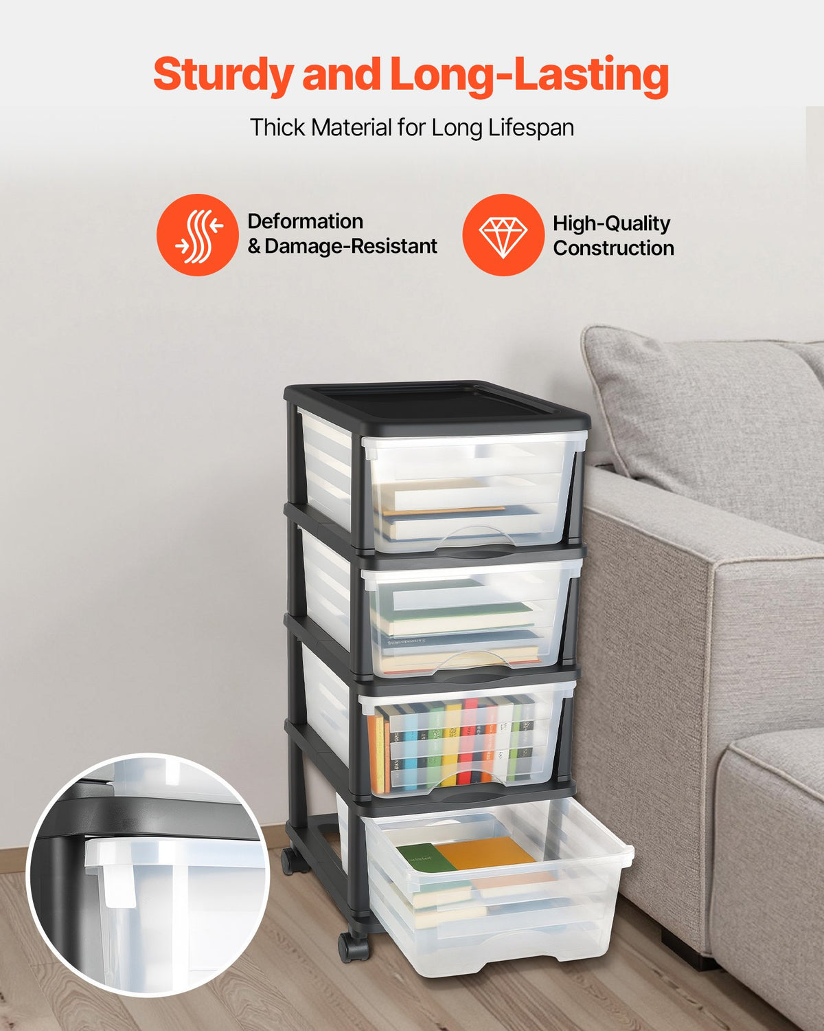 VEVOR Plastic Storage Drawers Cart, 4 Drawers Storage Organizer with Wheels, Rolling Closet Organization and Storage Dividers, Dresser Organizer Clear Bins for Office Supplies, Craft Rooms, Classrooms - CWCT1SLJL4G13PBKB001V0 - view 4