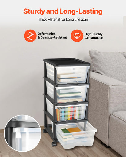 VEVOR Plastic Storage Drawers Cart, 4 Drawers Storage Organizer with Wheels, Rolling Closet Organization and Storage Dividers, Dresser Organizer Clear Bins for Office Supplies, Craft Rooms, Classrooms - CWCT1SLJL4G13PBKB001V0 - view 4