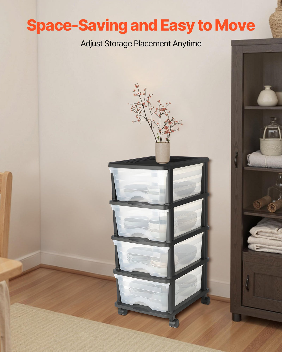 VEVOR Plastic Storage Drawers Cart, 4 Drawers Storage Organizer with Wheels, Rolling Closet Organization and Storage Dividers, Dresser Organizer Clear Bins for Office Supplies, Craft Rooms, Classrooms - CWCT1SLJL4G13PBKB001V0 - view 5