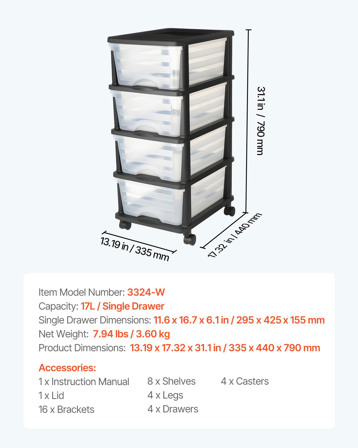 VEVOR Plastic Storage Drawers Cart, 4 Drawers Storage Organizer with Wheels, Rolling Closet Organization and Storage Dividers, Dresser Organizer Clear Bins for Office Supplies, Craft Rooms, Classrooms - CWCT1SLJL4G13PBKB001V0 - view 8