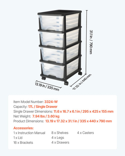 VEVOR Plastic Storage Drawers Cart, 4 Drawers Storage Organizer with Wheels, Rolling Closet Organization and Storage Dividers, Dresser Organizer Clear Bins for Office Supplies, Craft Rooms, Classrooms - CWCT1SLJL4G13PBKB001V0 - view 8