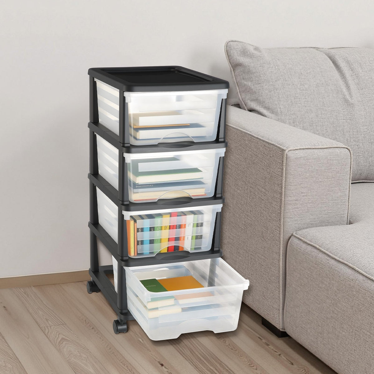 VEVOR Plastic Storage Drawers Cart, 4 Drawers Storage Organizer with Wheels, Rolling Closet Organization and Storage Dividers, Dresser Organizer Clear Bins for Office Supplies, Craft Rooms, Classrooms - CWCT1SLJL4G13PBKB001V0 - view 9