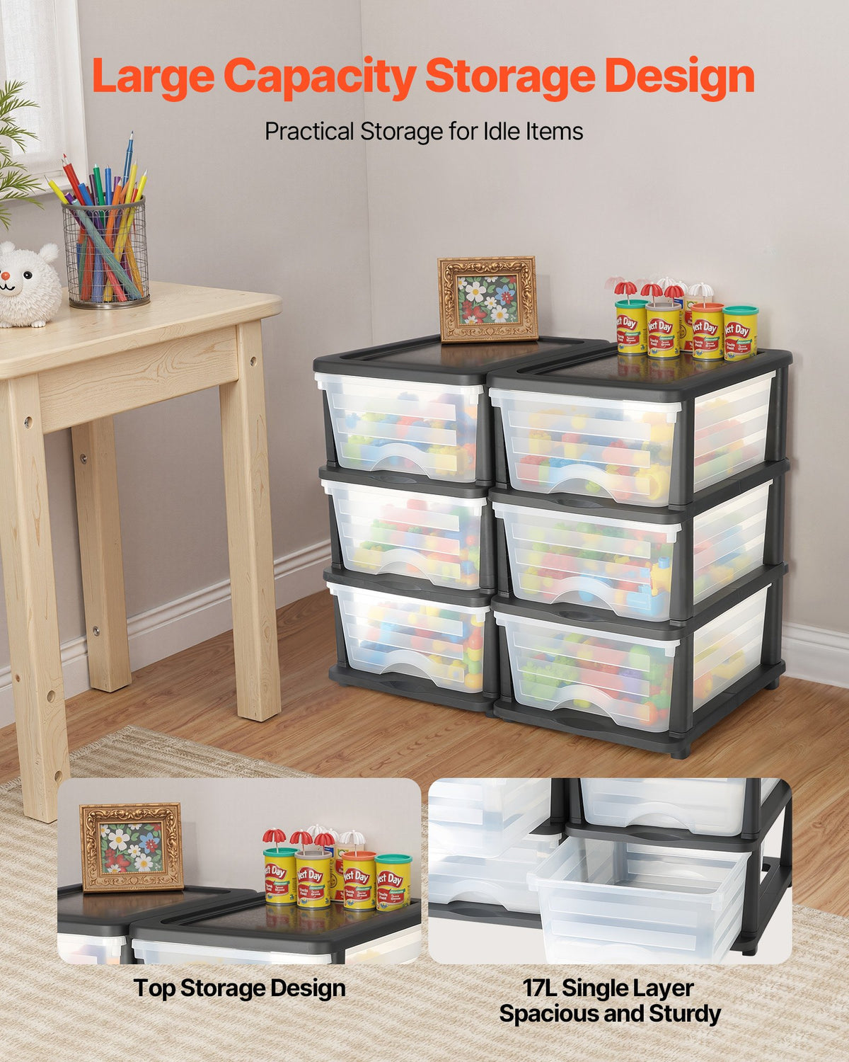 VEVOR Plastic Storage Drawers, 2 Pack Storage Organizer Drawer, 6 Drawers Closet Organization and Storage Dividers, Dresser Organizer Clear Bins for Office Supplies, Craft Rooms, Classrooms and Home - CWCT1YKLDD1GCPFV6001V0 - view 3