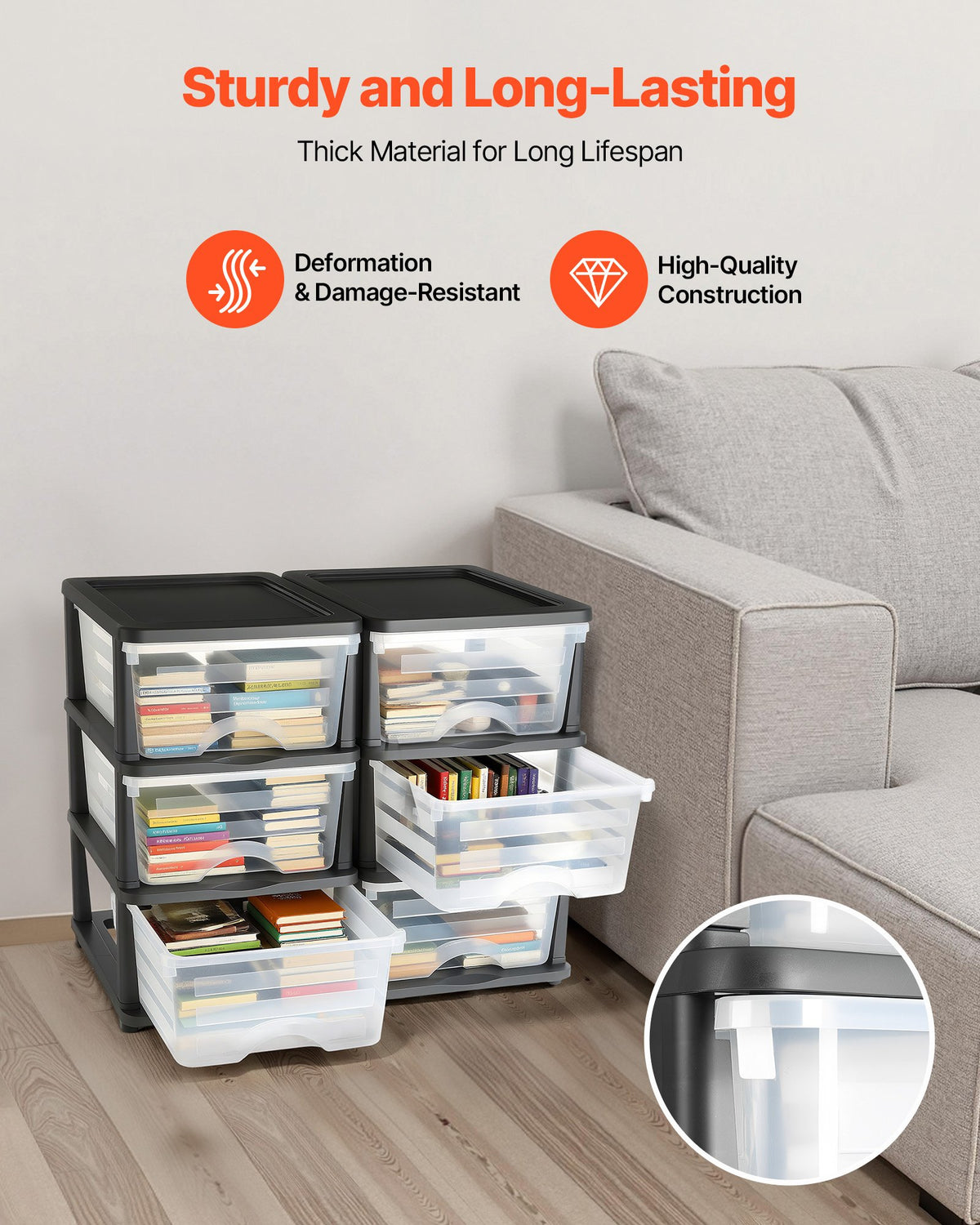 VEVOR Plastic Storage Drawers, 2 Pack Storage Organizer Drawer, 6 Drawers Closet Organization and Storage Dividers, Dresser Organizer Clear Bins for Office Supplies, Craft Rooms, Classrooms and Home - CWCT1YKLDD1GCPFV6001V0 - view 4