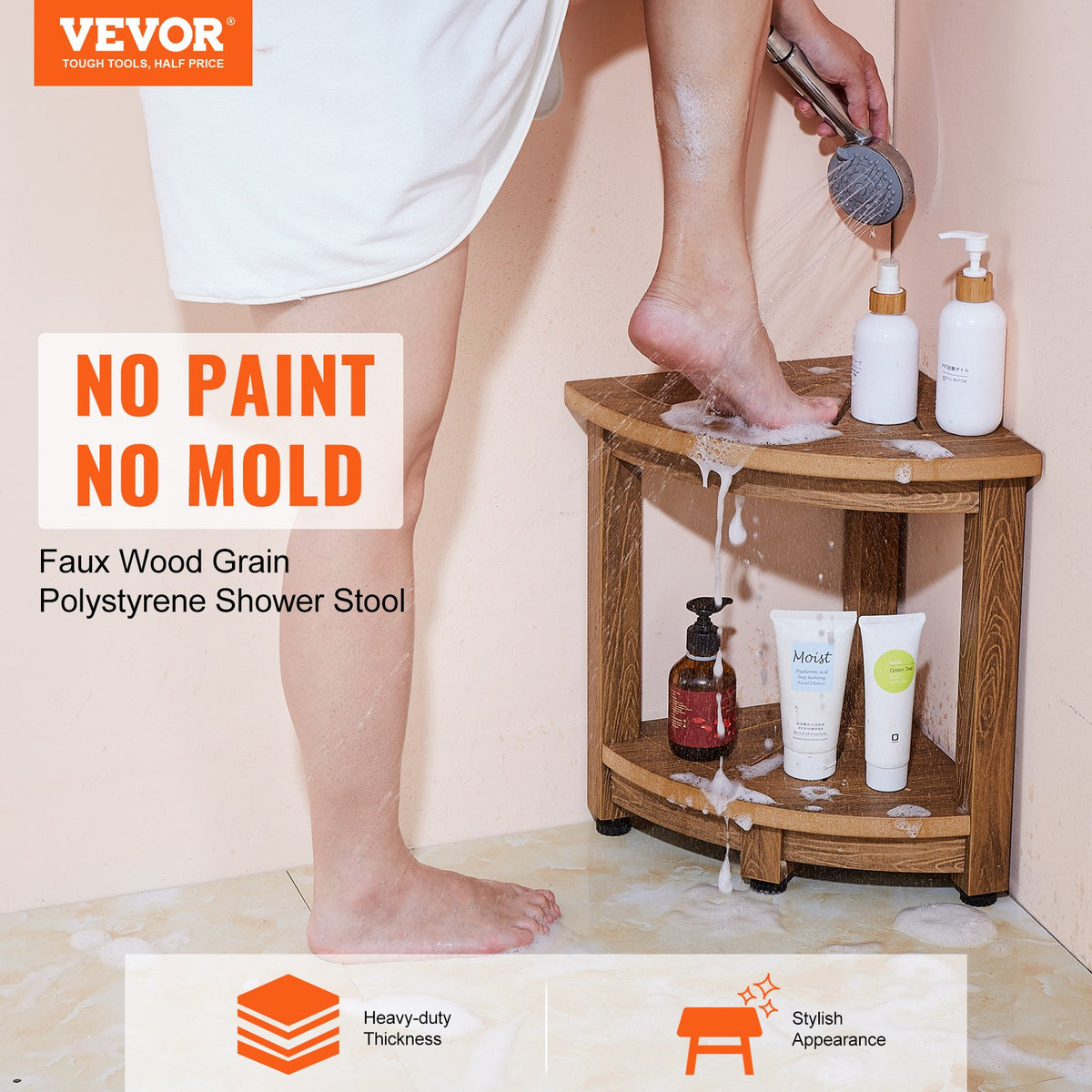 VEVOR Corner Shower Bench, 16.5" Height 12.8" Radius, Faux Wood Grain Polystyrene, 350 LBS with Storage Shelf, Water Resistant, Shower Stool for Inside & Outside Shower, for Bathroom, Living Room - CWDSL128INCHWXKBGV0 - view 3