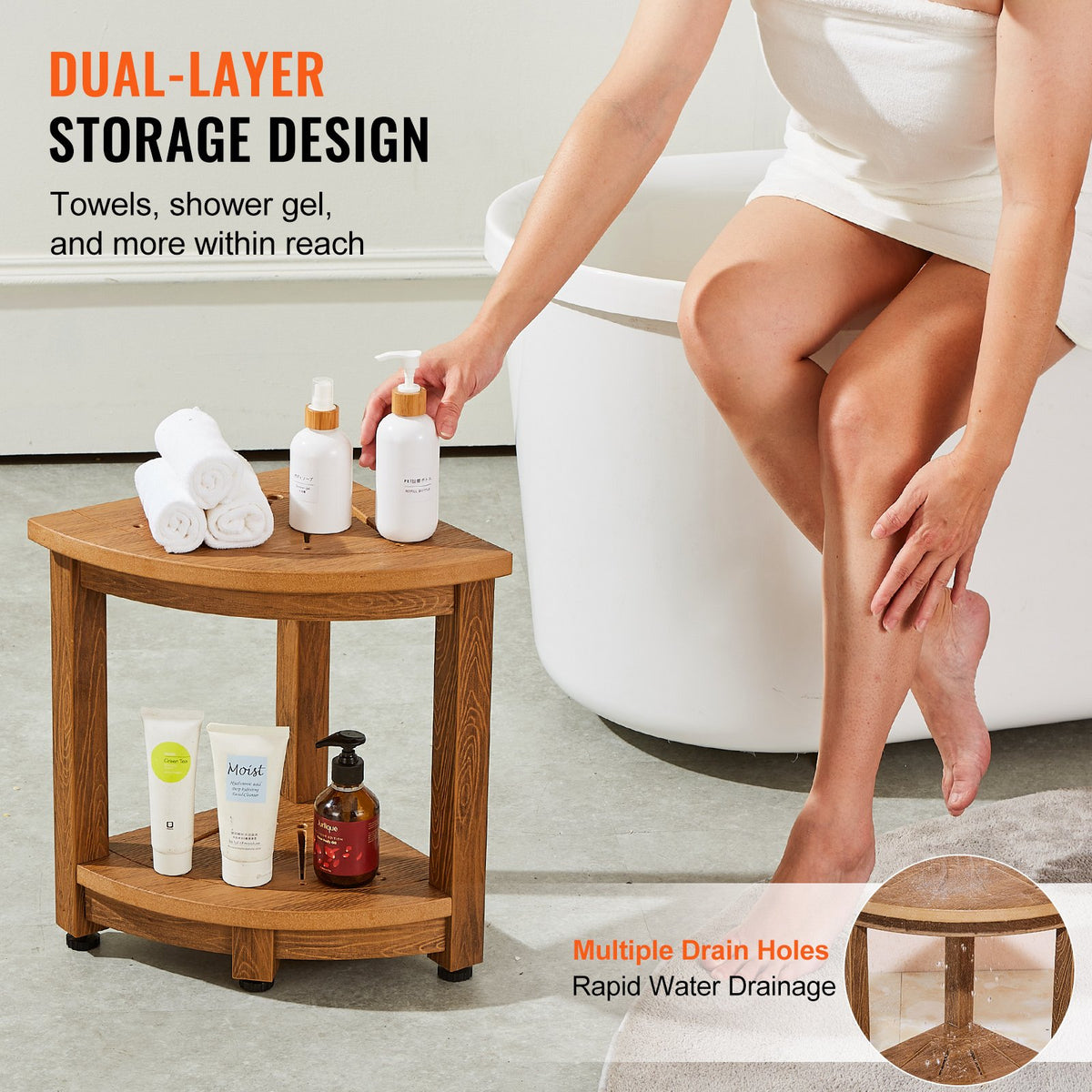 VEVOR Corner Shower Bench, 16.5" Height 12.8" Radius, Faux Wood Grain Polystyrene, 350 LBS with Storage Shelf, Water Resistant, Shower Stool for Inside & Outside Shower, for Bathroom, Living Room - CWDSL128INCHWXKBGV0 - view 6