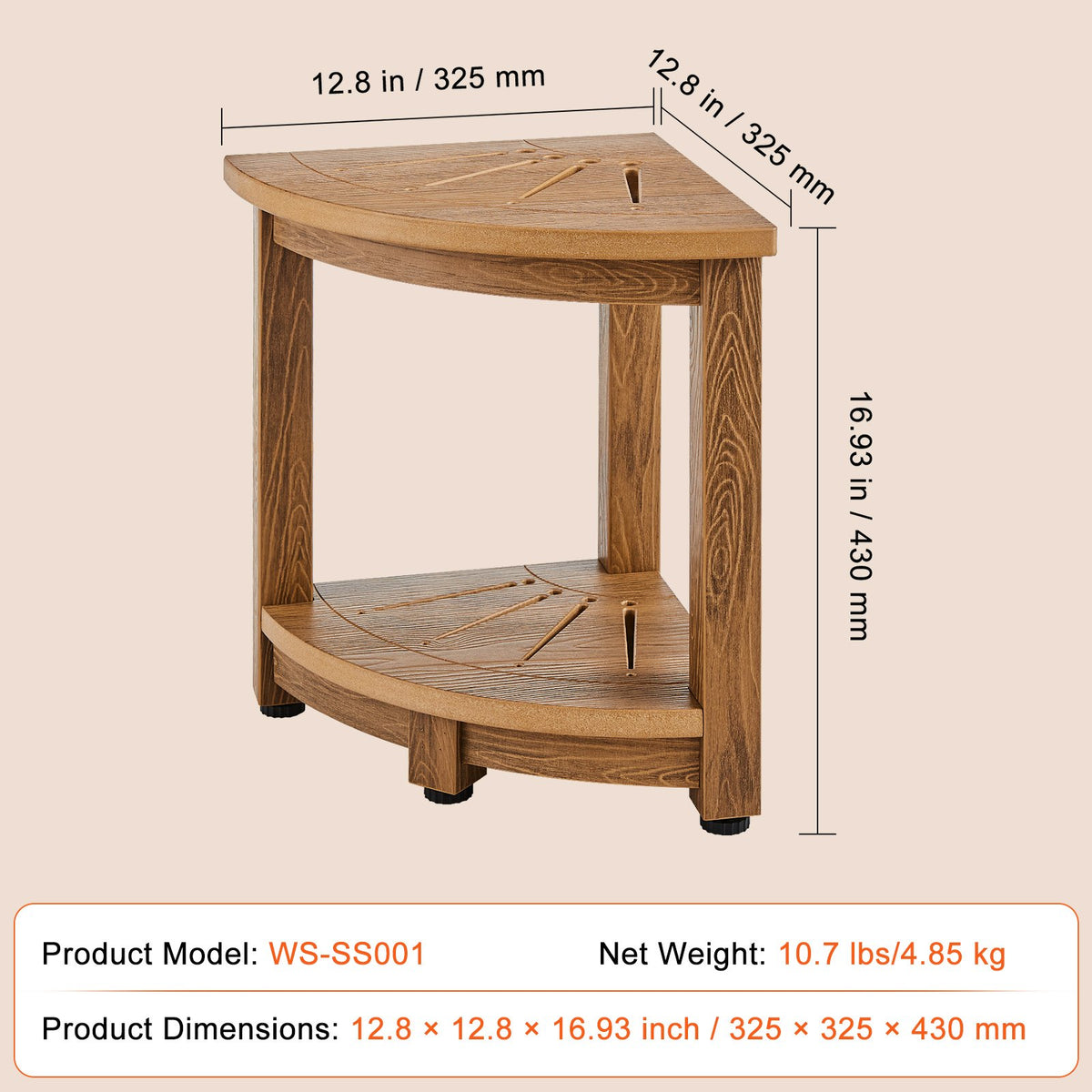 VEVOR Corner Shower Bench, 16.5" Height 12.8" Radius, Faux Wood Grain Polystyrene, 350 LBS with Storage Shelf, Water Resistant, Shower Stool for Inside & Outside Shower, for Bathroom, Living Room - CWDSL128INCHWXKBGV0 - view 8