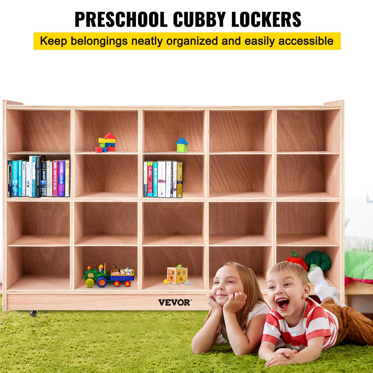 VEVOR Cubby Mobile Tray Storage Cabinet, 20-Compartment Cubby Storage Shelf, Cubby Storage Cabinet 4 x 5, Classroom Cubbies, Classroom Furniture for Home, Daycare and Preschool, Natural - CWG20GWJCWG000001V0 - view 3
