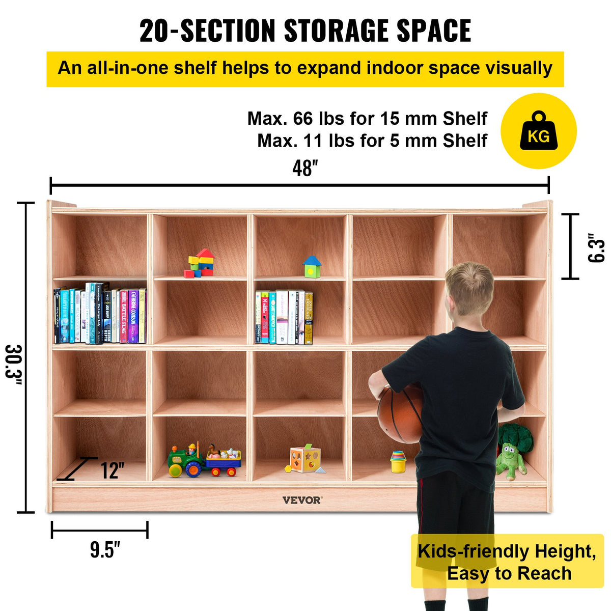 VEVOR Cubby Mobile Tray Storage Cabinet, 20-Compartment Cubby Storage Shelf, Cubby Storage Cabinet 4 x 5, Classroom Cubbies, Classroom Furniture for Home, Daycare and Preschool, Natural - CWG20GWJCWG000001V0 - view 4