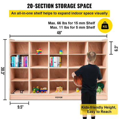 VEVOR Cubby Mobile Tray Storage Cabinet, 20-Compartment Cubby Storage Shelf, Cubby Storage Cabinet 4 x 5, Classroom Cubbies, Classroom Furniture for Home, Daycare and Preschool, Natural - CWG20GWJCWG000001V0 - view 4