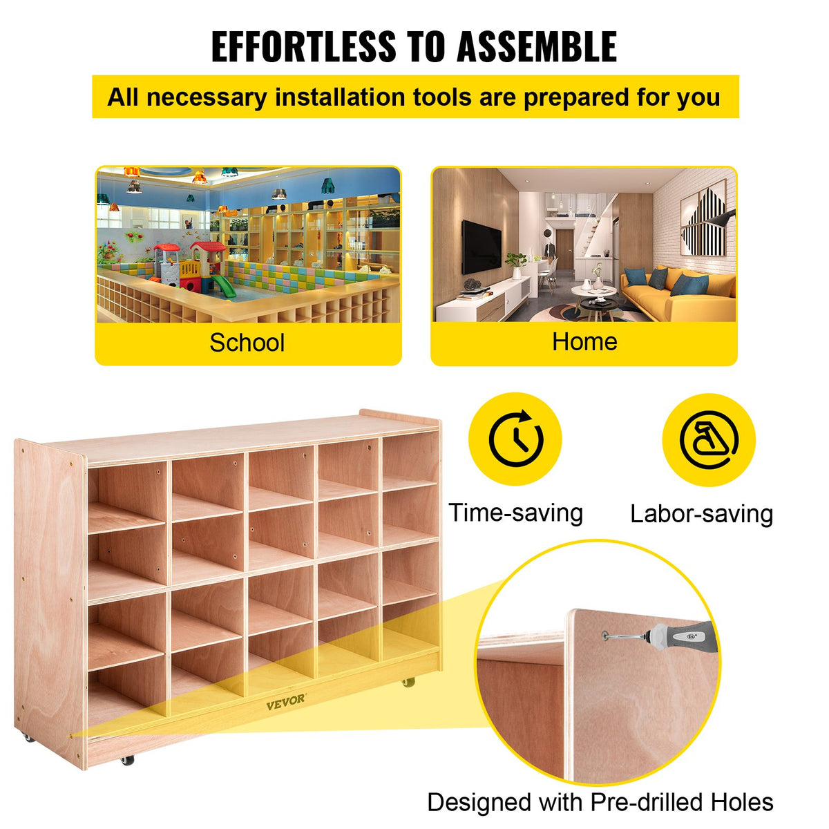 VEVOR Cubby Mobile Tray Storage Cabinet, 20-Compartment Cubby Storage Shelf, Cubby Storage Cabinet 4 x 5, Classroom Cubbies, Classroom Furniture for Home, Daycare and Preschool, Natural - CWG20GWJCWG000001V0 - view 7