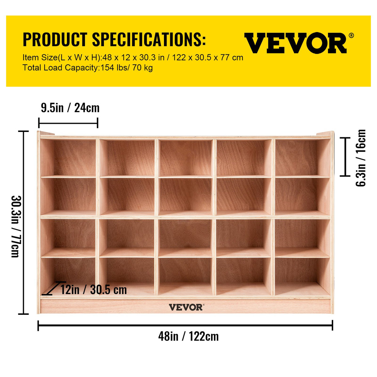 VEVOR Cubby Mobile Tray Storage Cabinet, 20-Compartment Cubby Storage Shelf, Cubby Storage Cabinet 4 x 5, Classroom Cubbies, Classroom Furniture for Home, Daycare and Preschool, Natural - CWG20GWJCWG000001V0 - view 8