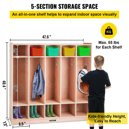 VEVOR Coat Locker, 5-Section Daycare Cubby Coat Rack, Classroom Coat Locker and Backpack Hanger, with 5 Hooks and Storage Boxes, for Kindergarten & School, Natural - CWG5JETCWG0000001V0 - view 4
