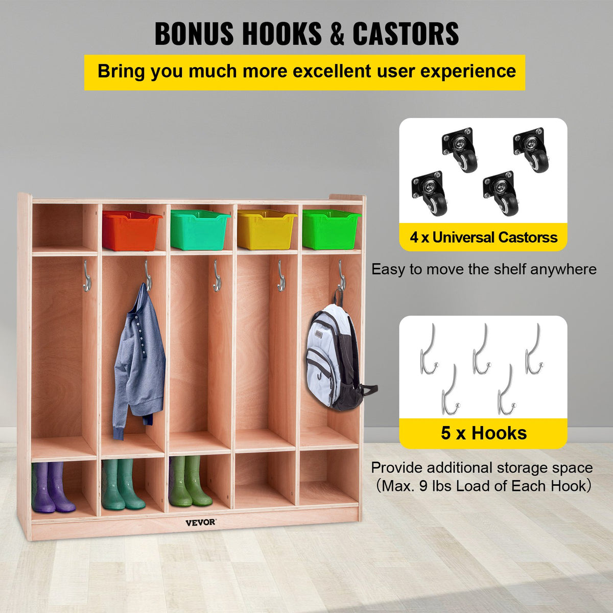 VEVOR Coat Locker, 5-Section Daycare Cubby Coat Rack, Classroom Coat Locker and Backpack Hanger, with 5 Hooks and Storage Boxes, for Kindergarten & School, Natural - CWG5JETCWG0000001V0 - view 6