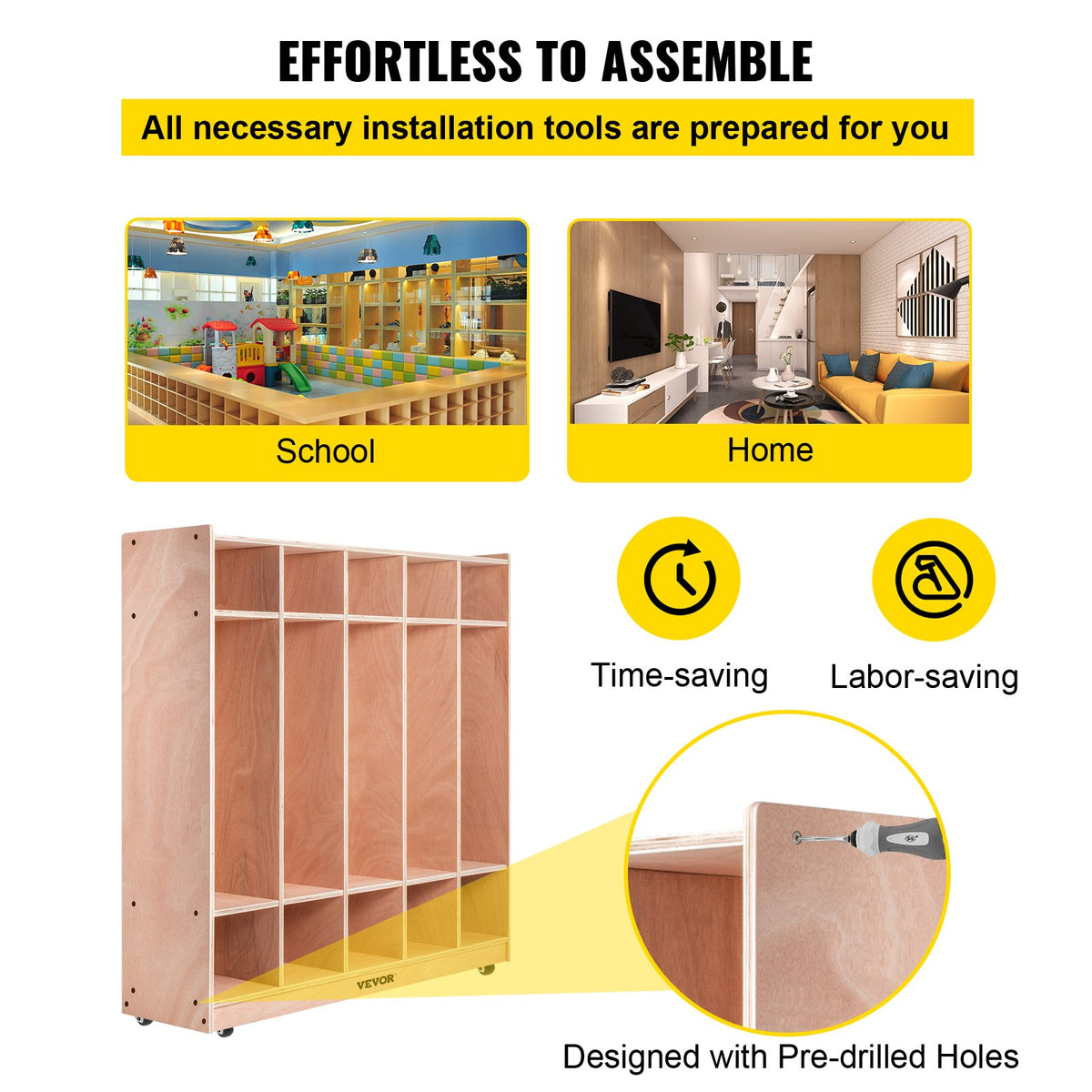 VEVOR Coat Locker, 5-Section Daycare Cubby Coat Rack, Classroom Coat Locker and Backpack Hanger, with 5 Hooks and Storage Boxes, for Kindergarten & School, Natural - CWG5JETCWG0000001V0 - view 7