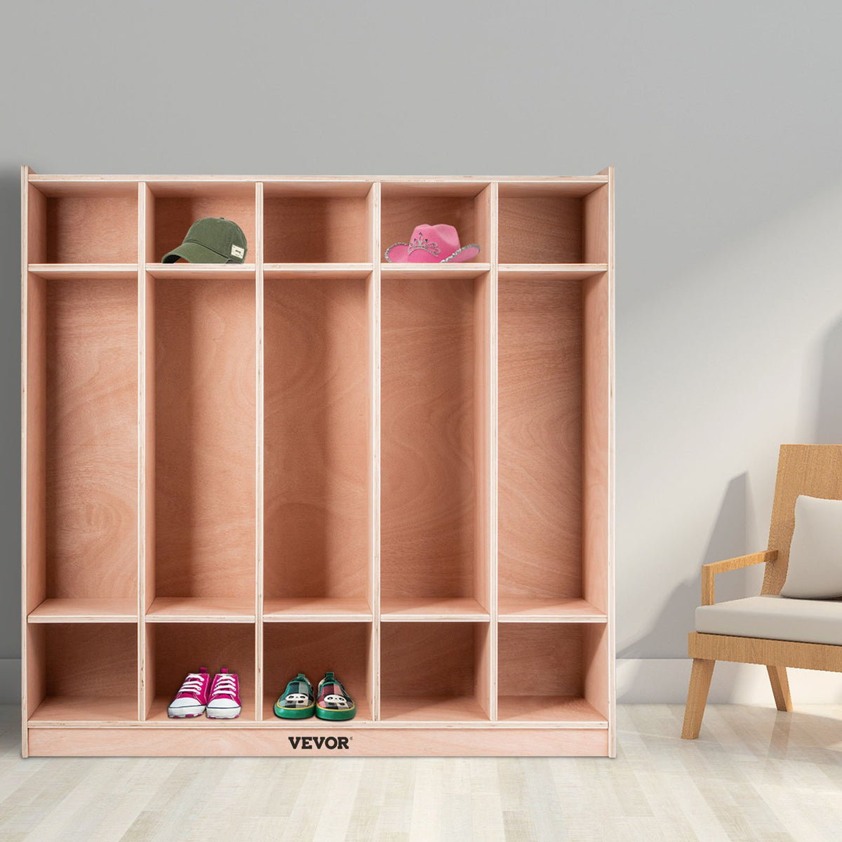 VEVOR Coat Locker, 5-Section Daycare Cubby Coat Rack, Classroom Coat Locker and Backpack Hanger, with 5 Hooks and Storage Boxes, for Kindergarten & School, Natural - CWG5JETCWG0000001V0 - view 9
