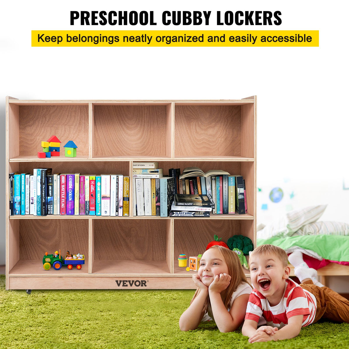 VEVOR Cubby Mobile Tray Storage Cabinet, 8-Compartment Cubby Storage Shelf, Cubby Storage Cabinet 3-shelf, Classroom Cubbies, Classroom Furniture for Home, Daycare and Preschool, Natural - CWG8GETCWG0000001V0 - view 3