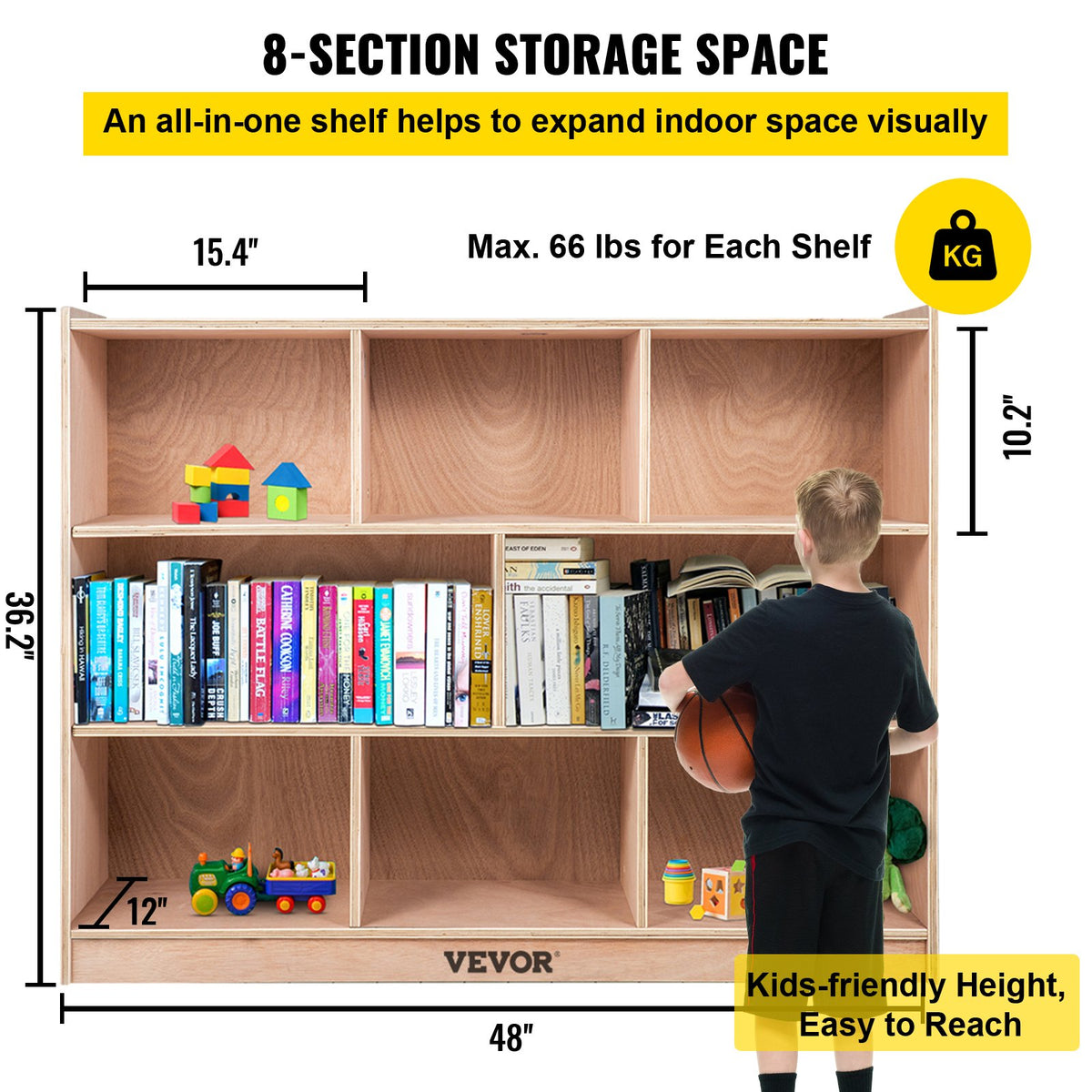 VEVOR Cubby Mobile Tray Storage Cabinet, 8-Compartment Cubby Storage Shelf, Cubby Storage Cabinet 3-shelf, Classroom Cubbies, Classroom Furniture for Home, Daycare and Preschool, Natural - CWG8GETCWG0000001V0 - view 4
