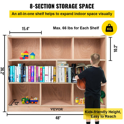 VEVOR Cubby Mobile Tray Storage Cabinet, 8-Compartment Cubby Storage Shelf, Cubby Storage Cabinet 3-shelf, Classroom Cubbies, Classroom Furniture for Home, Daycare and Preschool, Natural - CWG8GETCWG0000001V0 - view 4