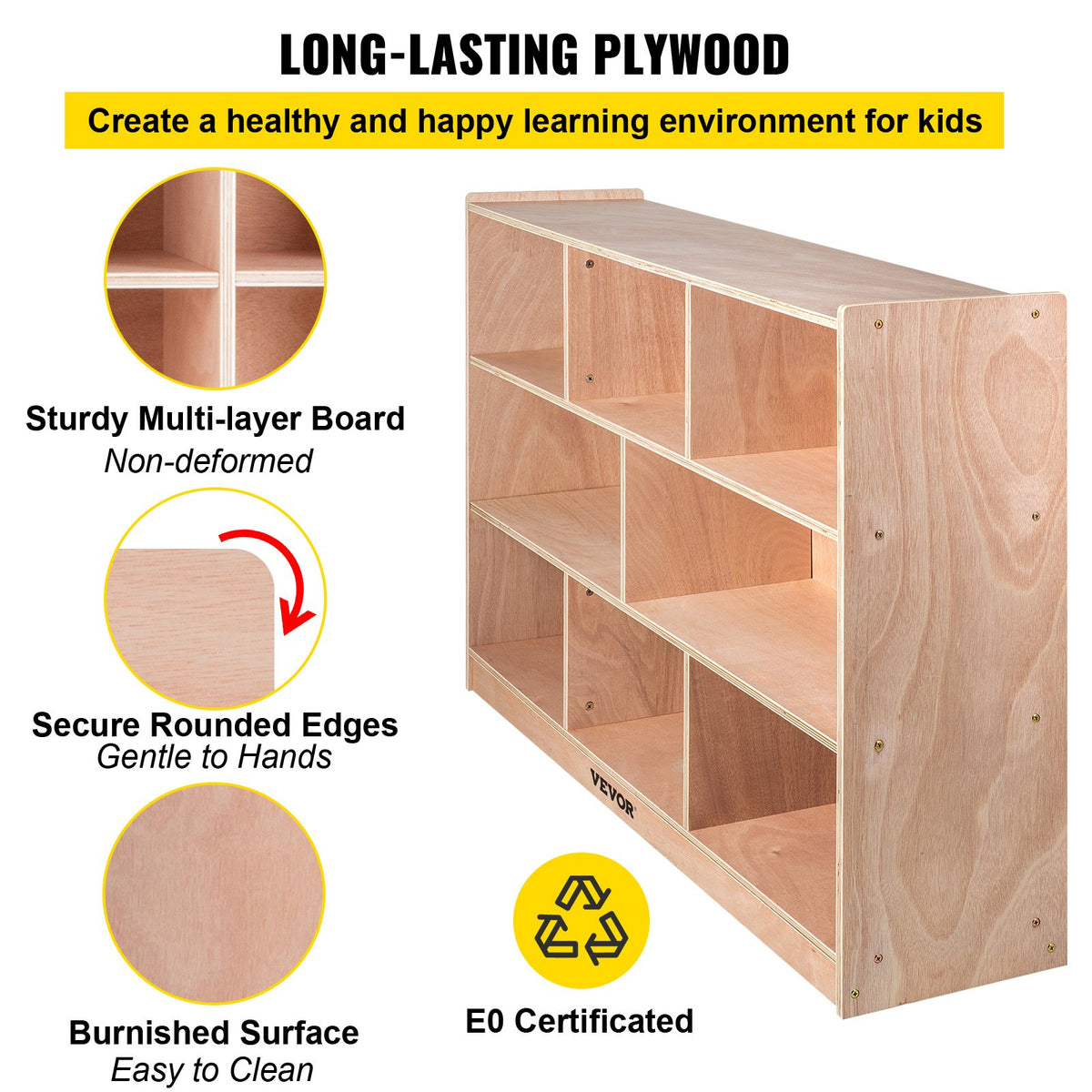 VEVOR Cubby Mobile Tray Storage Cabinet, 8-Compartment Cubby Storage Shelf, Cubby Storage Cabinet 3-shelf, Classroom Cubbies, Classroom Furniture for Home, Daycare and Preschool, Natural - CWG8GETCWG0000001V0 - view 5