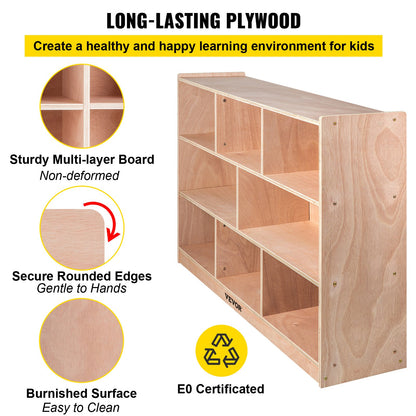 VEVOR Cubby Mobile Tray Storage Cabinet, 8-Compartment Cubby Storage Shelf, Cubby Storage Cabinet 3-shelf, Classroom Cubbies, Classroom Furniture for Home, Daycare and Preschool, Natural - CWG8GETCWG0000001V0 - view 5