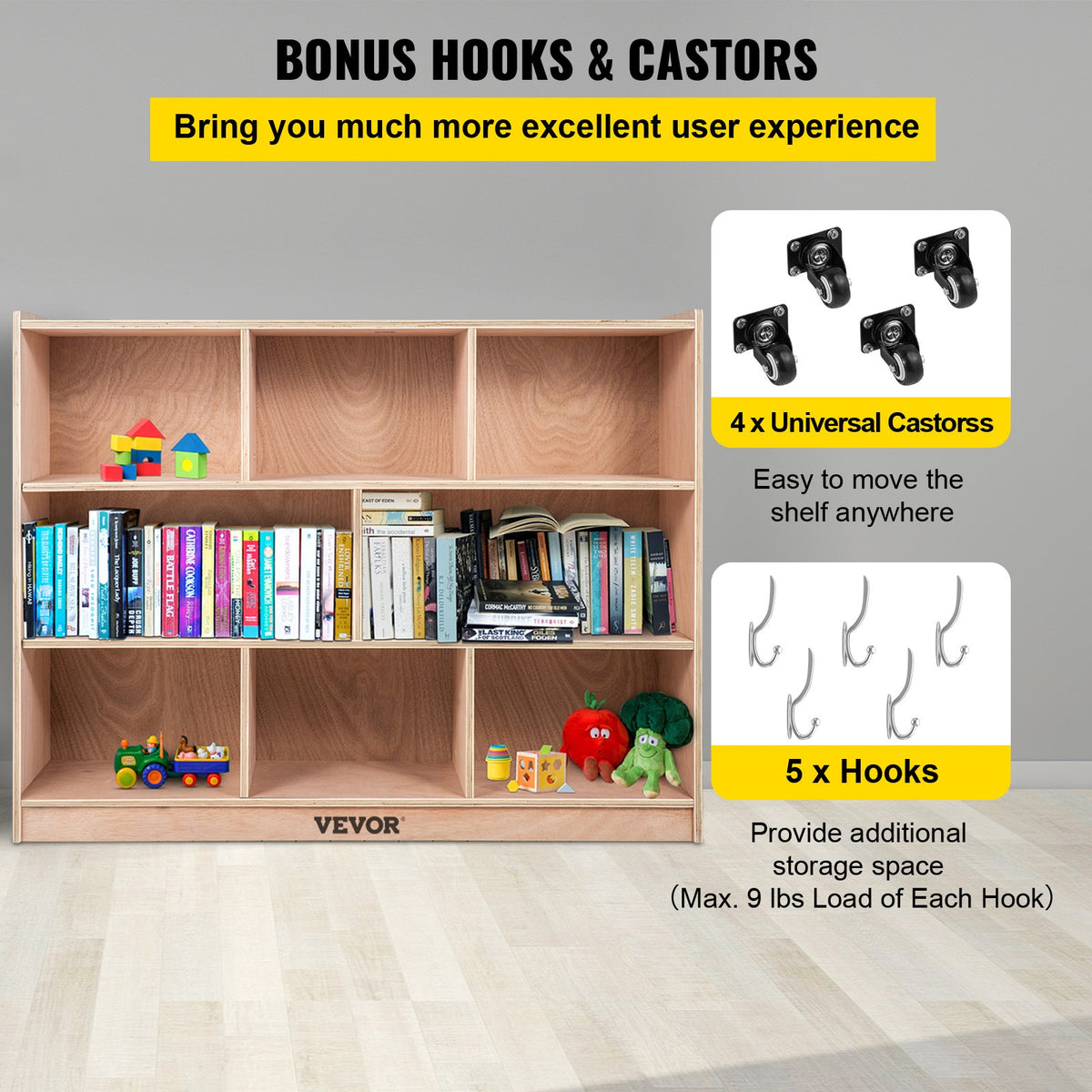 VEVOR Cubby Mobile Tray Storage Cabinet, 8-Compartment Cubby Storage Shelf, Cubby Storage Cabinet 3-shelf, Classroom Cubbies, Classroom Furniture for Home, Daycare and Preschool, Natural - CWG8GETCWG0000001V0 - view 6