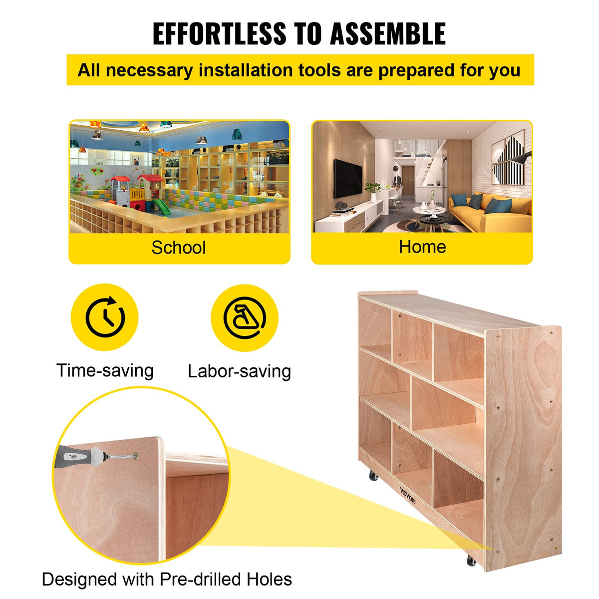 VEVOR Cubby Mobile Tray Storage Cabinet, 8-Compartment Cubby Storage Shelf, Cubby Storage Cabinet 3-shelf, Classroom Cubbies, Classroom Furniture for Home, Daycare and Preschool, Natural - CWG8GETCWG0000001V0 - view 7