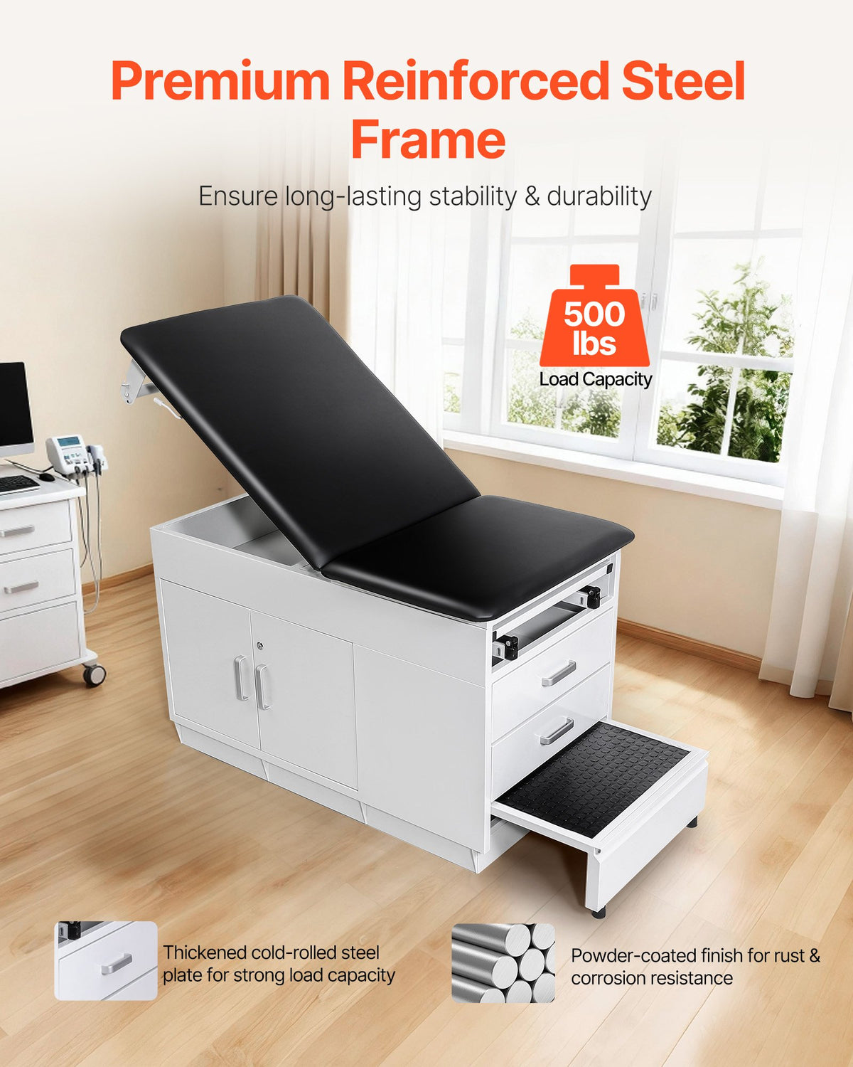 VEVOR Pro Medical Exam Table, Medical Examination Bed with Adjustable Backrest, Physical Therapy Exam Table with Locking Cabinet, 2 Drawers, Paper Roll Dispenser, Step Stool & Leg Rest, 500LBS Loading - CWJJCTCWJJCT4PIMC001V0 - view 3