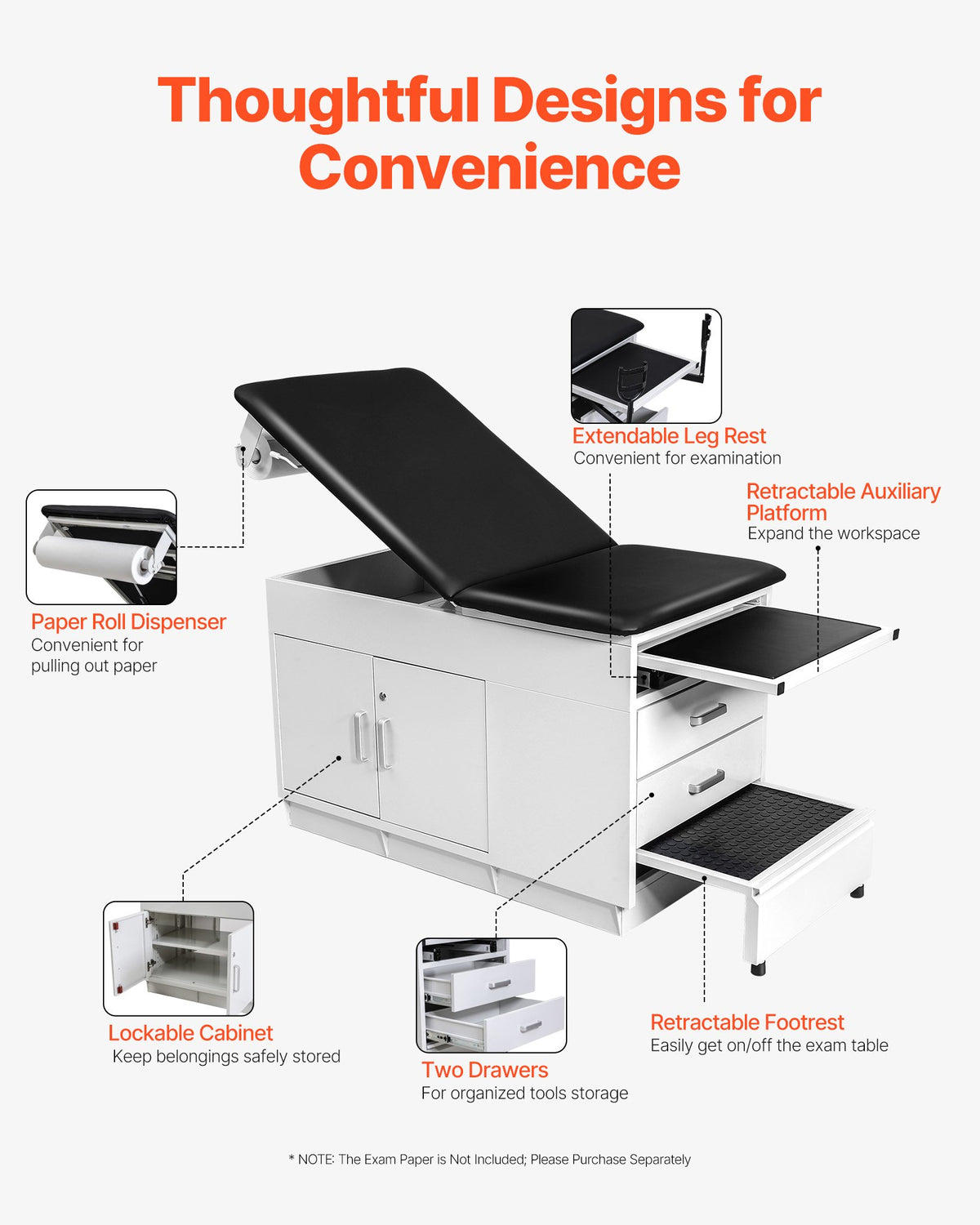 VEVOR Pro Medical Exam Table, Medical Examination Bed with Adjustable Backrest, Physical Therapy Exam Table with Locking Cabinet, 2 Drawers, Paper Roll Dispenser, Step Stool & Leg Rest, 500LBS Loading - CWJJCTCWJJCT4PIMC001V0 - view 6