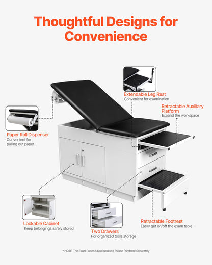 VEVOR Pro Medical Exam Table, Medical Examination Bed with Adjustable Backrest, Physical Therapy Exam Table with Locking Cabinet, 2 Drawers, Paper Roll Dispenser, Step Stool & Leg Rest, 500LBS Loading - CWJJCTCWJJCT4PIMC001V0 - view 6