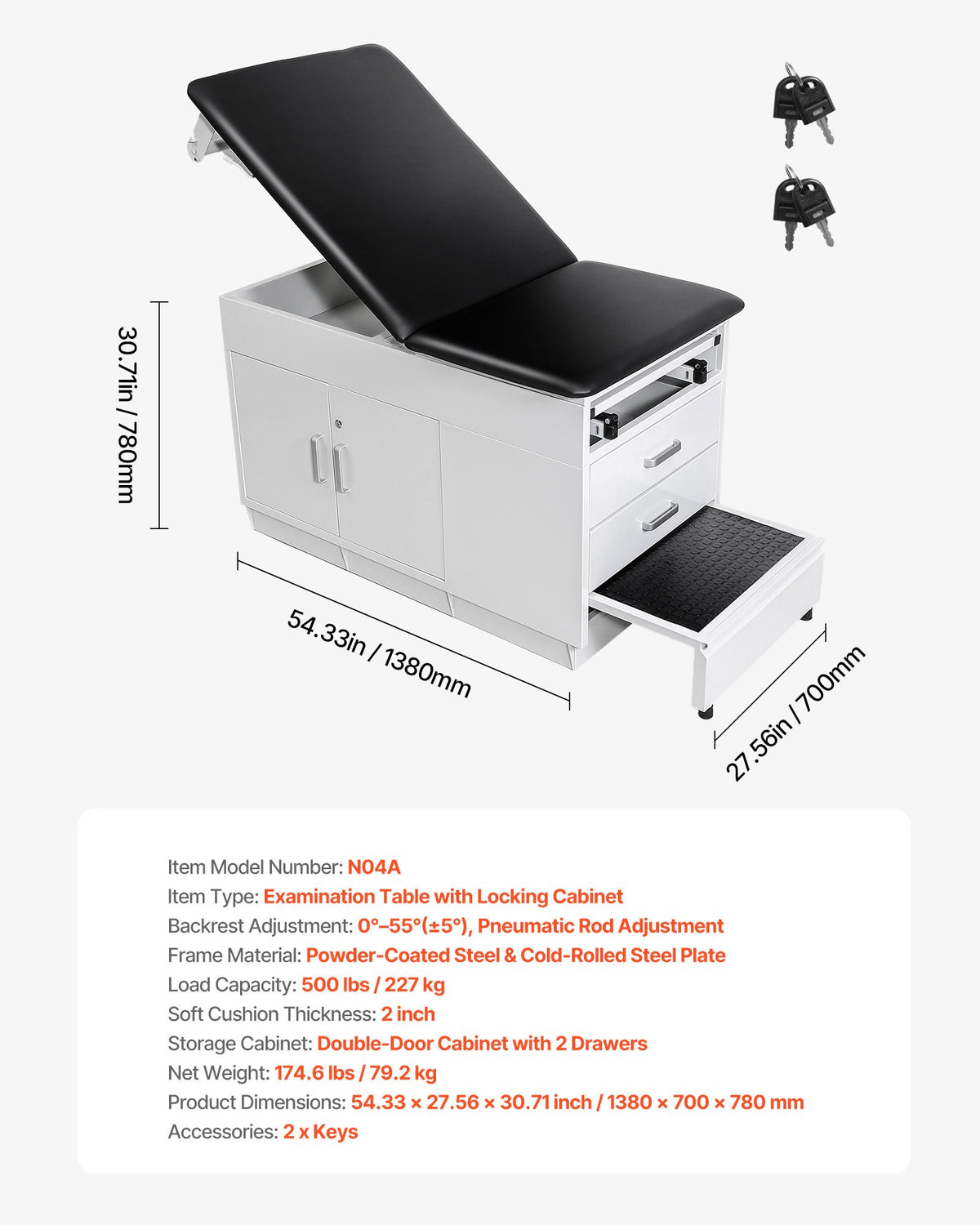 VEVOR Pro Medical Exam Table, Medical Examination Bed with Adjustable Backrest, Physical Therapy Exam Table with Locking Cabinet, 2 Drawers, Paper Roll Dispenser, Step Stool & Leg Rest, 500LBS Loading - CWJJCTCWJJCT4PIMC001V0 - view 8