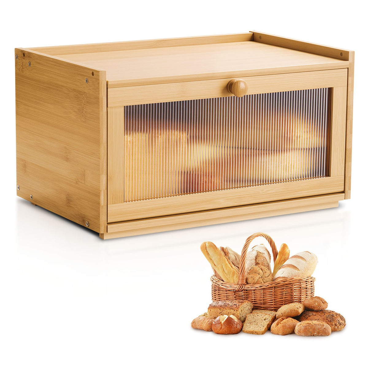 VEVOR Bread Box for Kitchen Counter, Large Capacity Bamboo Bread Storage Container, Farmhouse Wooden Breadbox Organizer for Homemade Bread, Storage Holder Bin with Acrylic Wavy Door Panel, Natural - CWJLXZMJXDCY6269C001V0 - view 1