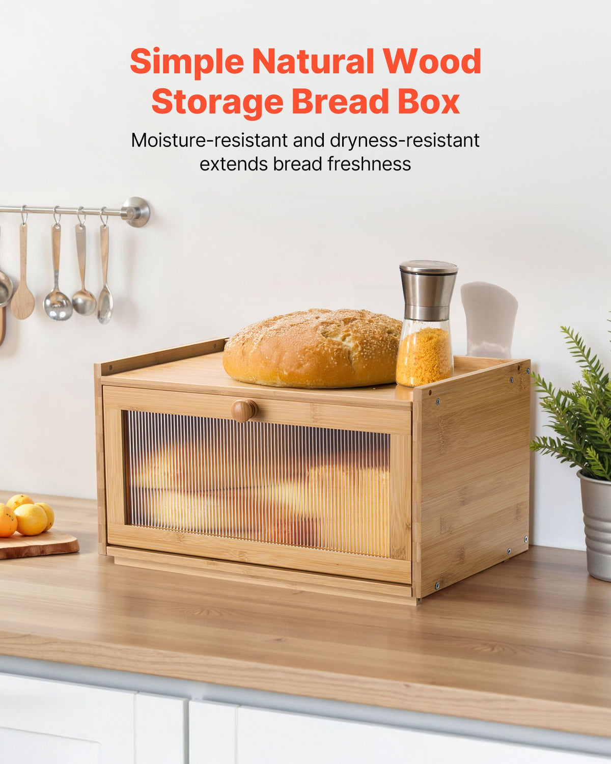 VEVOR Bread Box for Kitchen Counter, Large Capacity Bamboo Bread Storage Container, Farmhouse Wooden Breadbox Organizer for Homemade Bread, Storage Holder Bin with Acrylic Wavy Door Panel, Natural - CWJLXZMJXDCY6269C001V0 - view 3