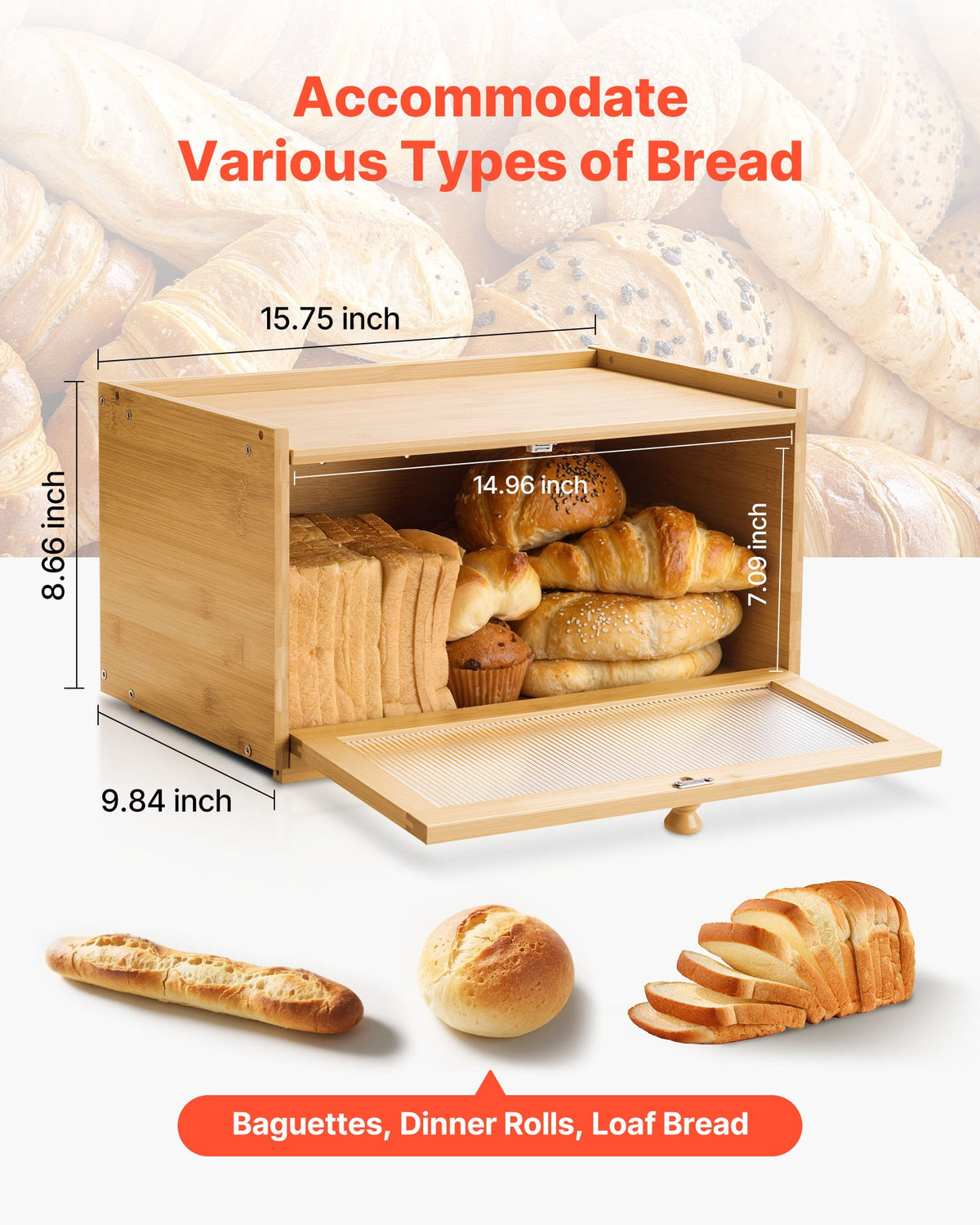 VEVOR Bread Box for Kitchen Counter, Large Capacity Bamboo Bread Storage Container, Farmhouse Wooden Breadbox Organizer for Homemade Bread, Storage Holder Bin with Acrylic Wavy Door Panel, Natural - CWJLXZMJXDCY6269C001V0 - view 4