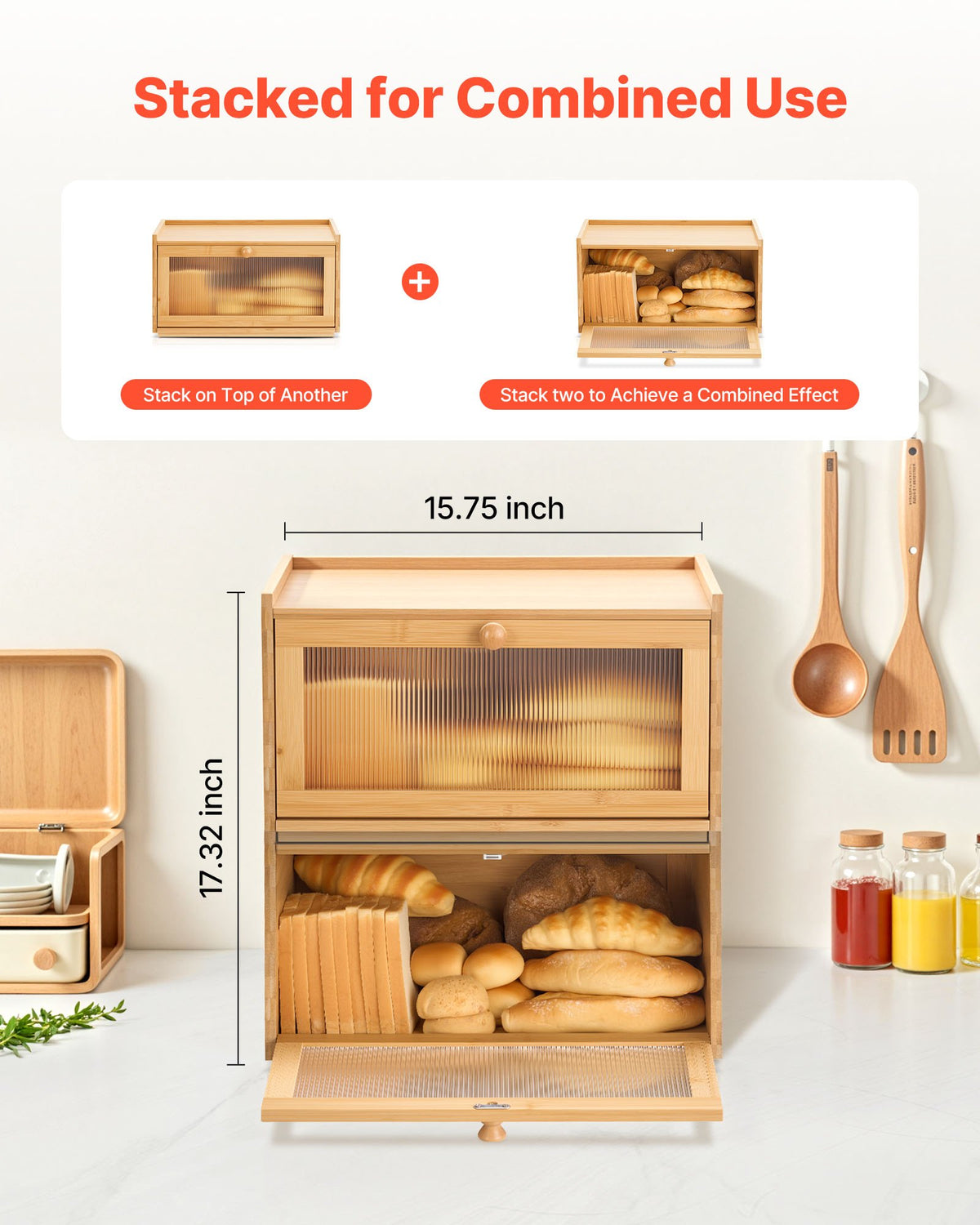VEVOR Bread Box for Kitchen Counter, Large Capacity Bamboo Bread Storage Container, Farmhouse Wooden Breadbox Organizer for Homemade Bread, Storage Holder Bin with Acrylic Wavy Door Panel, Natural - CWJLXZMJXDCY6269C001V0 - view 5