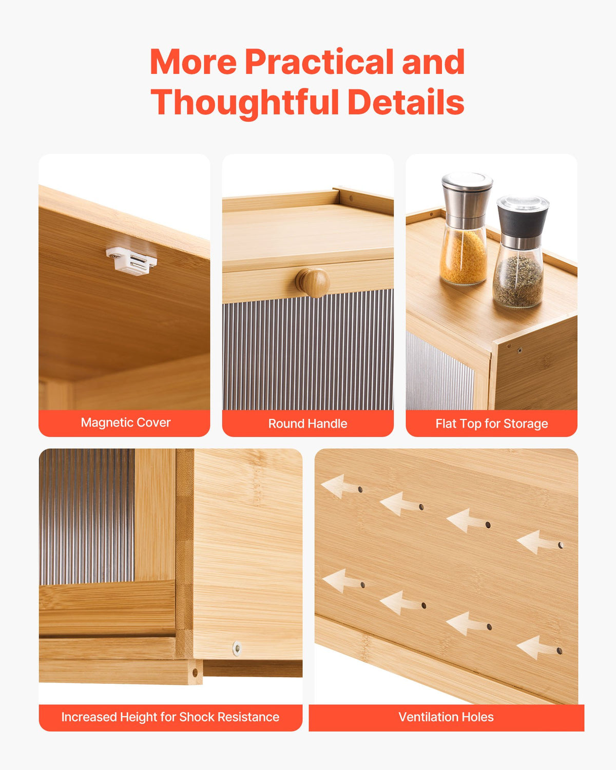 VEVOR Bread Box for Kitchen Counter, Large Capacity Bamboo Bread Storage Container, Farmhouse Wooden Breadbox Organizer for Homemade Bread, Storage Holder Bin with Acrylic Wavy Door Panel, Natural - CWJLXZMJXDCY6269C001V0 - view 8