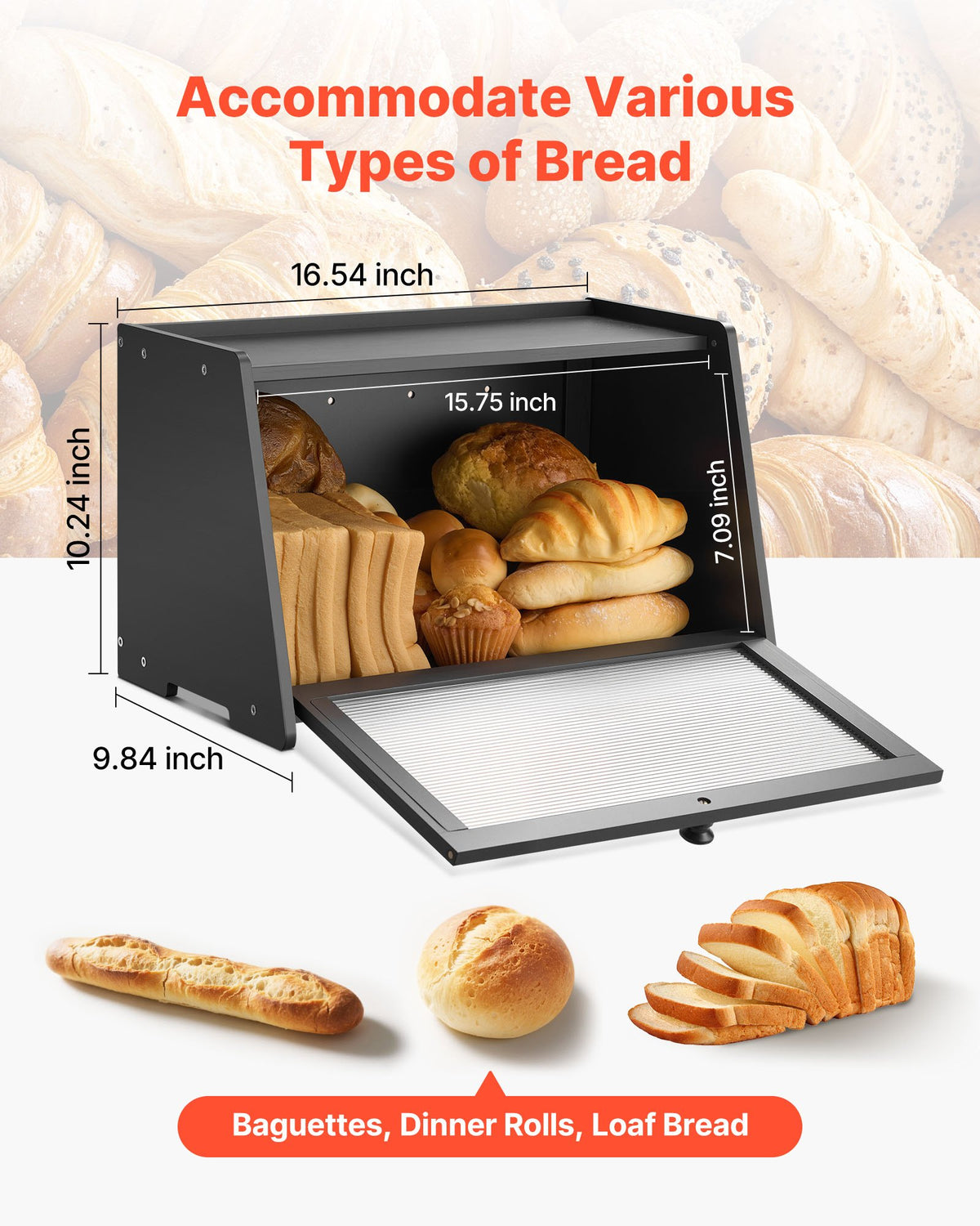 VEVOR Bread Box for Kitchen Counter, Large Capacity Bamboo Bread Storage Container, Farmhouse Wooden Breadbox Organizer for Homemade Bread, Storage Holder Bin with Acrylic Wavy Door Panel, Black - CWJLXZMTJXDCJJG03001V0 - view 4
