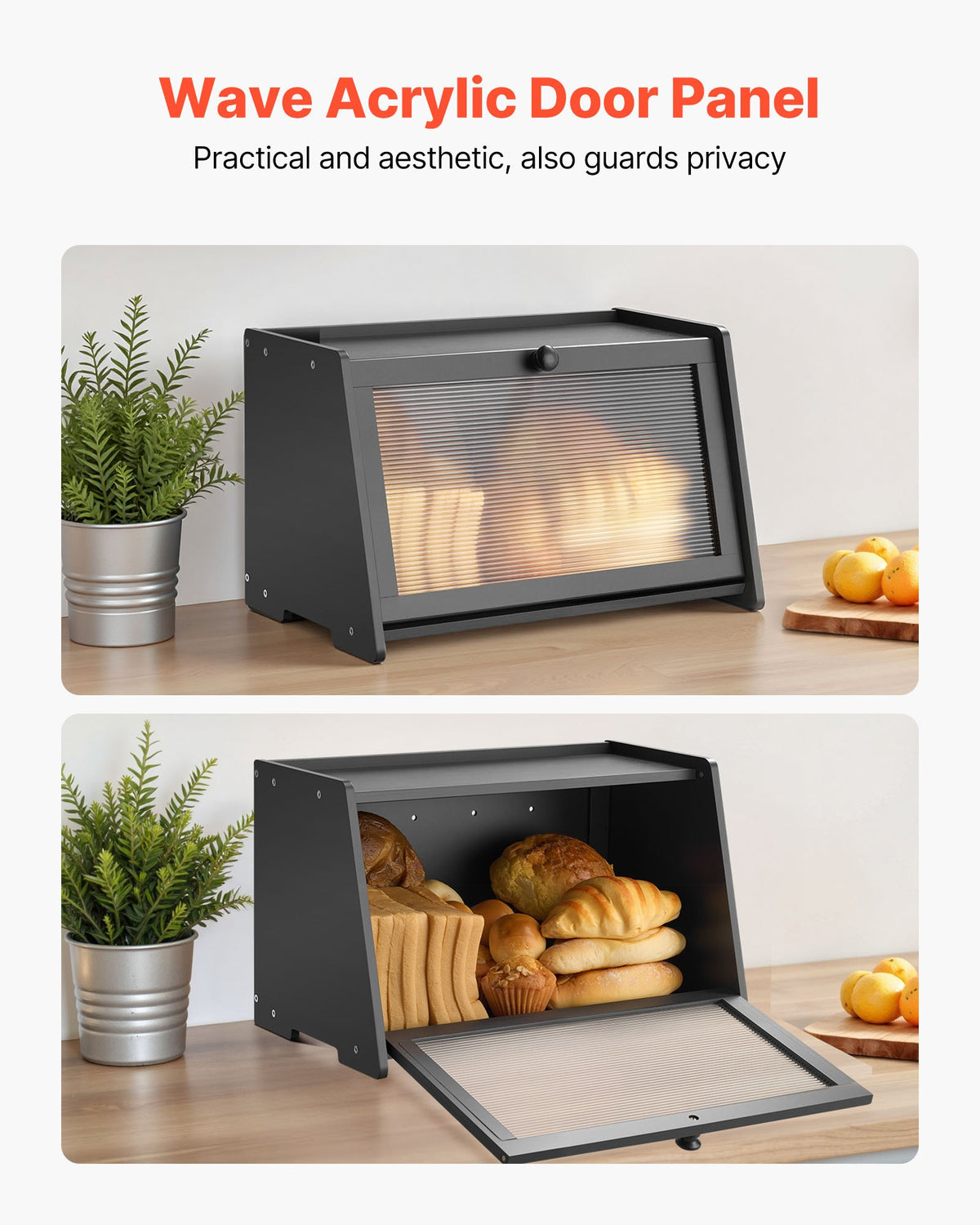 VEVOR Bread Box for Kitchen Counter, Large Capacity Bamboo Bread Storage Container, Farmhouse Wooden Breadbox Organizer for Homemade Bread, Storage Holder Bin with Acrylic Wavy Door Panel, Black - CWJLXZMTJXDCJJG03001V0 - view 6