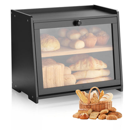 VEVOR Double Layer Bread Box for Kitchen Counter, Large Capacity Bamboo Bread Storage Container, Farmhouse Wooden Breadbox for Homemade Bread, Storage Holder Bin with Acrylic Wavy Door Panel, Black - CWJLXZMTJXSC7MGNS001V0 - view 1