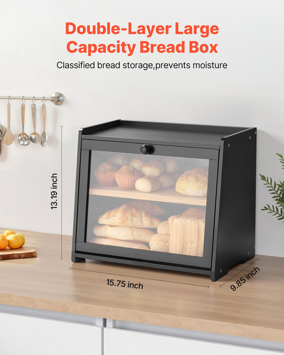 VEVOR Double Layer Bread Box for Kitchen Counter, Large Capacity Bamboo Bread Storage Container, Farmhouse Wooden Breadbox for Homemade Bread, Storage Holder Bin with Acrylic Wavy Door Panel, Black - CWJLXZMTJXSC7MGNS001V0 - view 3