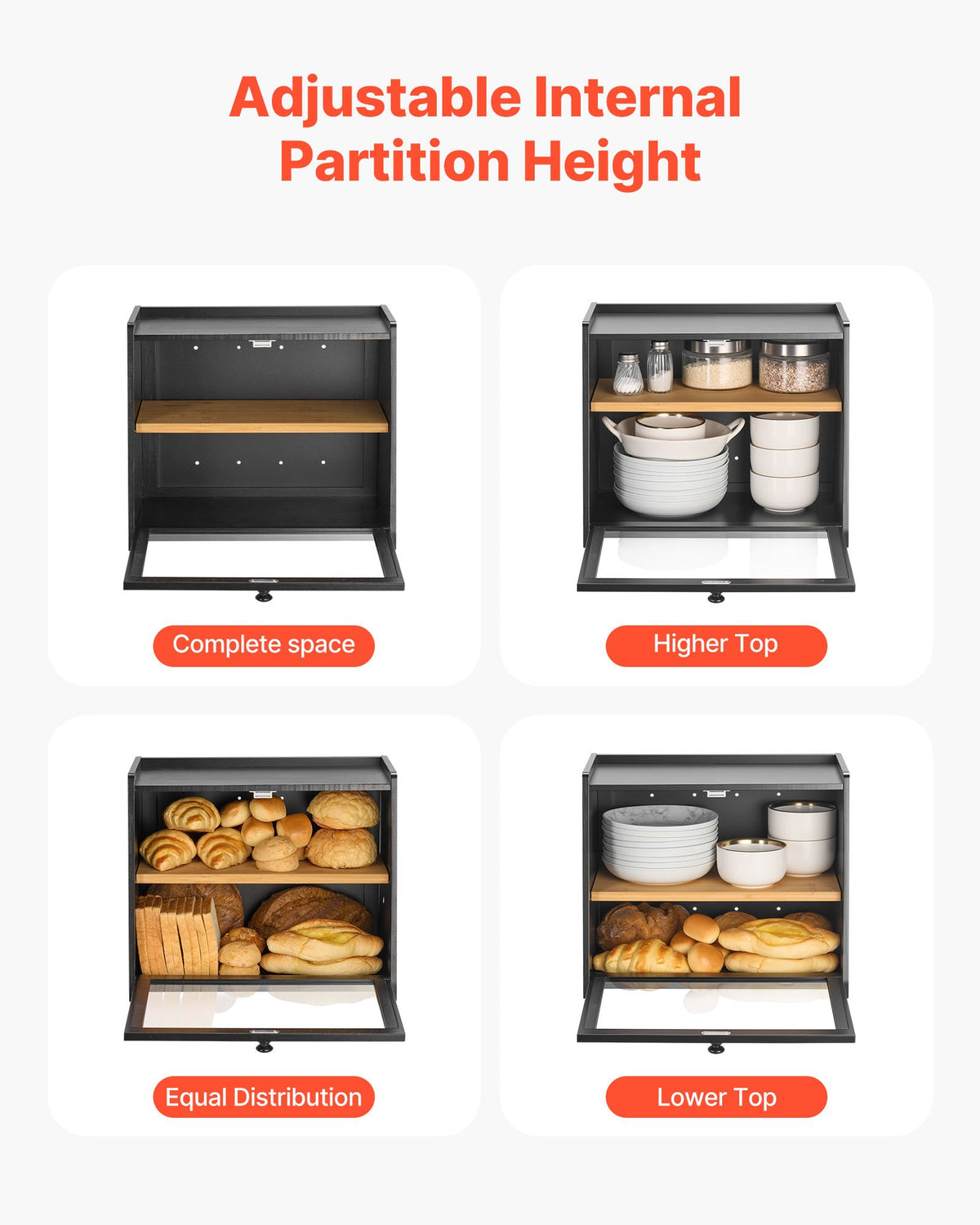 VEVOR Double Layer Bread Box for Kitchen Counter, Large Capacity Bamboo Bread Storage Container, Farmhouse Wooden Breadbox for Homemade Bread, Storage Holder Bin with Acrylic Wavy Door Panel, Black - CWJLXZMTJXSC7MGNS001V0 - view 4