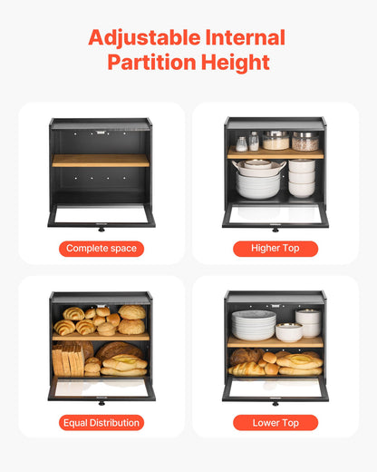 VEVOR Double Layer Bread Box for Kitchen Counter, Large Capacity Bamboo Bread Storage Container, Farmhouse Wooden Breadbox for Homemade Bread, Storage Holder Bin with Acrylic Wavy Door Panel, Black - CWJLXZMTJXSC7MGNS001V0 - view 4