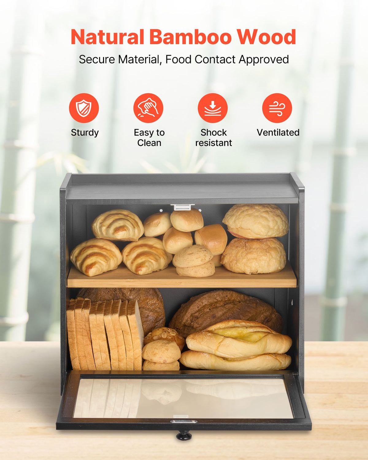 VEVOR Double Layer Bread Box for Kitchen Counter, Large Capacity Bamboo Bread Storage Container, Farmhouse Wooden Breadbox for Homemade Bread, Storage Holder Bin with Acrylic Wavy Door Panel, Black - CWJLXZMTJXSC7MGNS001V0 - view 5