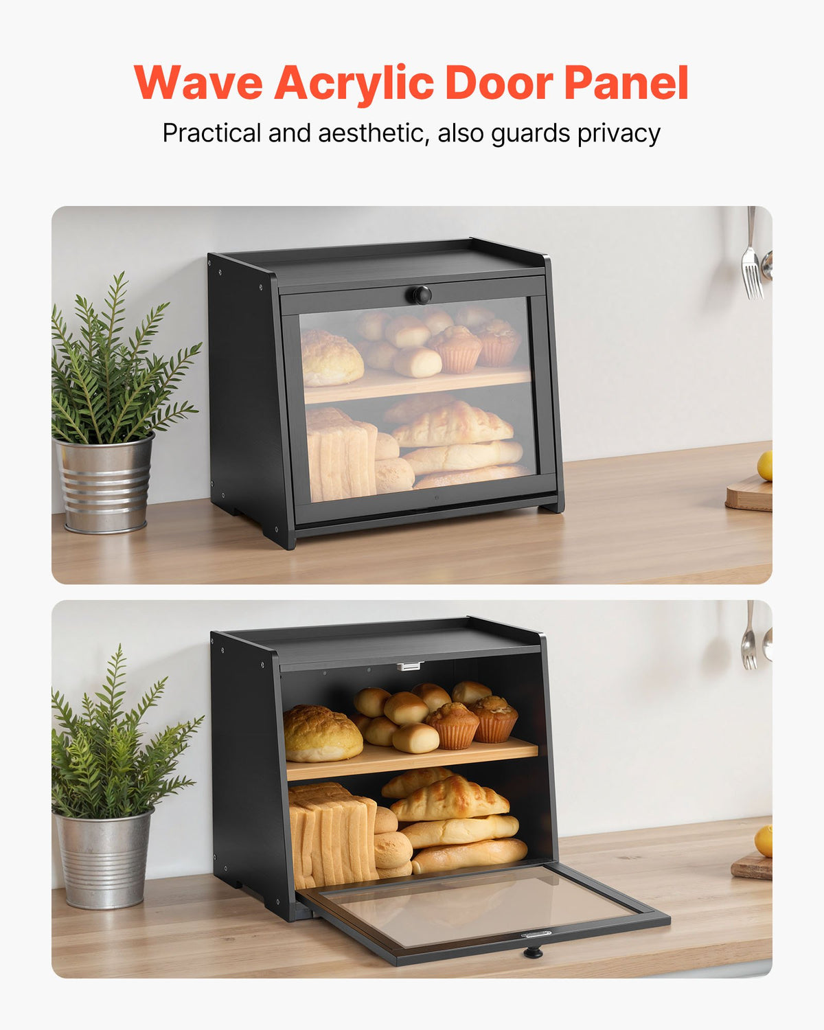 VEVOR Double Layer Bread Box for Kitchen Counter, Large Capacity Bamboo Bread Storage Container, Farmhouse Wooden Breadbox for Homemade Bread, Storage Holder Bin with Acrylic Wavy Door Panel, Black - CWJLXZMTJXSC7MGNS001V0 - view 6