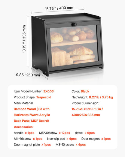 VEVOR Double Layer Bread Box for Kitchen Counter, Large Capacity Bamboo Bread Storage Container, Farmhouse Wooden Breadbox for Homemade Bread, Storage Holder Bin with Acrylic Wavy Door Panel, Black - CWJLXZMTJXSC7MGNS001V0 - view 8