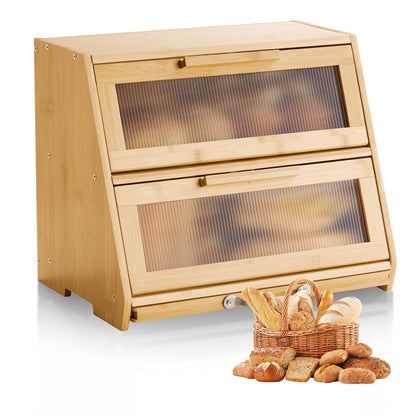 VEVOR Double Layer Bread Box for Kitchen Counter, Large Capacity Bamboo Bread Storage Container, Farmhouse Wooden Breadbox for Homemade Bread, Storage Holder Bin with Acrylic Wavy Door Panel, Natural - CWJLXZMTJXSCXHLJ0001V0 - view 1