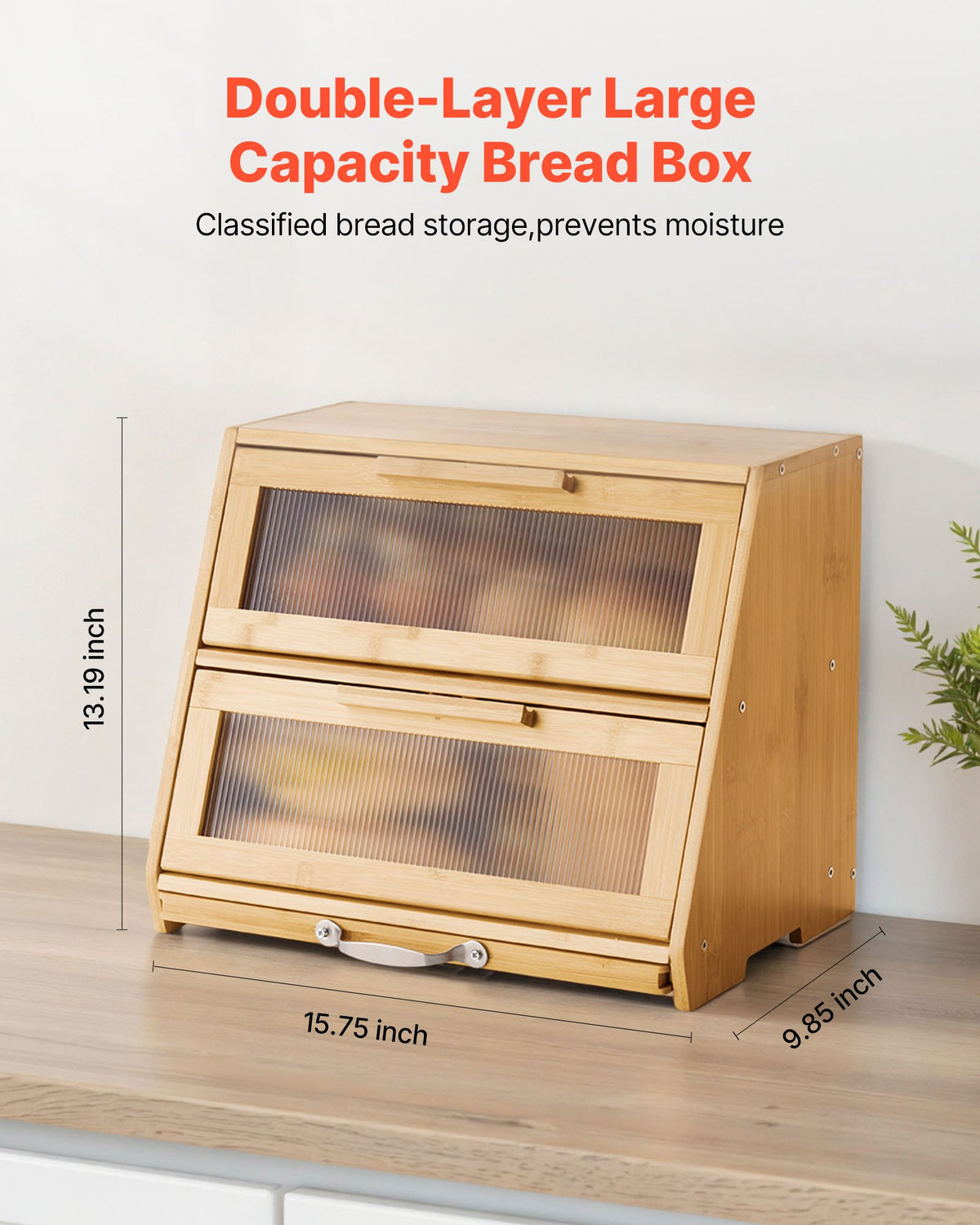 VEVOR Double Layer Bread Box for Kitchen Counter, Large Capacity Bamboo Bread Storage Container, Farmhouse Wooden Breadbox for Homemade Bread, Storage Holder Bin with Acrylic Wavy Door Panel, Natural - CWJLXZMTJXSCXHLJ0001V0 - view 3